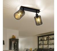 Plafonnier spot noir doré 2 flammes orientable Plafonnier 2 spots vintage, fer acier, aspect grille, 2x douilles E14, LxPxH 30x10x21 cm, Wofi 12108