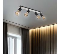 Plafonnier, quatre spots, spot de plafond, barre Spot orientable, noir, métal, bois, 4x douilles E27, LxlxH 80x10x18 cm