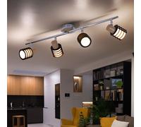 Luminaire Sportif Plafonnier Barre de Spots Pivotant Bois Chrome Verre 4 Flammes