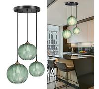Luminaire suspendu à 3 lumières pour îlot de cuisine, lampe déco en verre vert, luminaires suspendus de cuisine avec abat-jour en verre et cordon réglable pour salle à manger de chambre de ferme (3 t