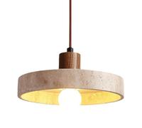Luminaire suspendu rond, îlot de cuisine, lampe à suspension en pierre de grotte jaune, tasse en bois, éclairage de plafond suspendu long et réglable, lustre rétro Wabi Sabi en travertin jaune,