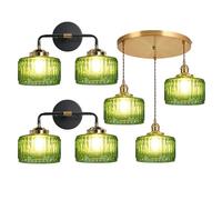 Luminaires de Salle de Bain Applique Murale Mid-Century à 2 lumières avec Abat-Jour à Rayures Vertes, Suspension Moderne Mid-Century à 3 lumières en Verre Vert