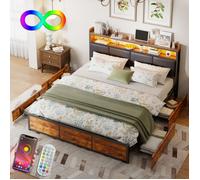 LUMINARIX Lit double avec tête de lit et sommier Lit Coffre à tiroirs avec lumière LED avec rangement Lit rembourré 180x200 cm