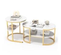 Luminarix Lot de 2 tables basses rondes et ovales avec espace de rangement, aspect marbre, cadre en métal, table de salon, table basse, blanc et doré