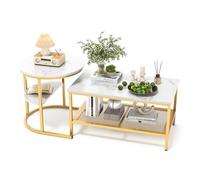 Luminarix Lot de 2 tables basses rondes et rectangulaires avec espace de rangement, aspect marbre, cadre en métal, table de salon, table basse, blanc et doré