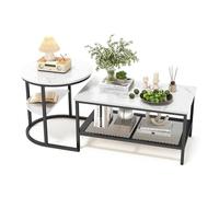 Luminarix Lot de 2 tables basses rondes et rectangulaires avec espace de rangement, aspect marbre, cadre en métal, table de salon, table basse, blanc et noir