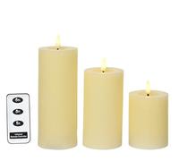 Lumineo Lot de 3 bougies LED avec fonction minuterie 11-19 cm - Effet flamme vacillante - Bougie en cire véritable à piles - Bougie pilier rustique - Crème blanc chaud
