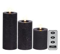 Lumineo Lot de 3 bougies LED avec fonction minuterie 11-19 cm - Effet flamme vacillante - Bougie en cire véritable à piles - Bougie pilier rustique - Gris blanc chaud