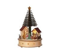 Lumineo Village en bois à LED avec scène d'arbre, 25 cm de haut, musical, LED blanc chaud, arbre rotatif
