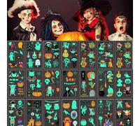 Lumineux Halloween Tatouage Temporaire Enfants(300pcs), Brille Dans Le Noir Étanche Tatouages Éphémères Citrouille Squelette Sorciere Tattoos Pour Fille Garçons Halloween Fete Cadeau Pinata
