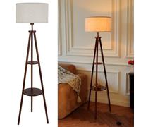 LuminexDesigns Lampadaire Trépied en Bois avec Tablette, Lampe sur Pied Vintage Rustique en Noyer avec Abat-jour en Tissu, Interrupteur au Pied, H154cm, E27, Éclairage d’Angle pour Salon, Chambre