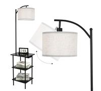 LuminexDesigns Lampadaire Vintage avec Étagères, Lampe sur Pied en Bois avec Table d’Appoint et Station de Charge, Noir Rétro, 3 Niveaux de Rangement, Tête Orientable, pour Salon, Chambre, Coin