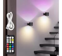 LuminexDesigns Lot de 2 Applique murale intérieure LED sans fil - rechargeable RGB Lampe murale Noir à pile avec télécommande ou tactile dimmable, minuterie, pour chambre/salle de bain/cuisine