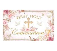 Luminora 1,82x1,1m Décoration de Fond pour première Communion Motif Floral Rose et Croix dorée, pour Une fête Religieuse ou Une célébration. Accessoires Photo Inclus.