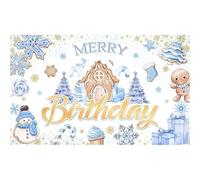Luminora 1,8x1,1m Bleu Joyeux Anniversaire Toile de Fond Hiver Mignon Bonbons Maison Gâteaux Sucrés Flocon de Neige Fond Garçon Anniversaire Décoration Photo Bannière Accessoires