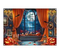 Luminora 2,1 x 1,5 m Halloween hanté manoir Fond fenêtre seuil Rideaux Orange Citrouille Chauve-Souris Cadre Photo Lune Fond Terreur château décor Photo bannière Accessoires