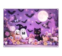Luminora 2,1 x 1,5 m Violet Nuit d'halloween Dessin Animé Fantôme Toile de Fond Mignon Chat Noir Chauves-Souris Citrouille Lumière Floral Fond Chapeau de Sorcière Décor Photo Bannière Accessoires