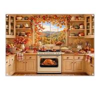 Luminora 2,1x1,5 m Toile de Fond Automne Fenêtre Cuisine Tarte Citrouille | Tissu polyester, dinde rôtie, feuilles d'érable, récolte, Thanksgiving fête familiale, accessoire photo extérieur