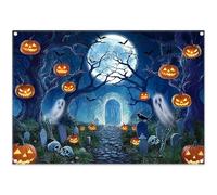 Luminora 2,1x1,5m Halloween Fantômes Toile de Fond Lune Sombre Nuit Arbres Citrouilles Pierre Tombale Squelette Horrible Arrière-Plan Halloween Décor Photo Bannière Accessoires