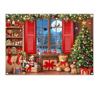 Luminora 2,1x1,5m Rouge Fenêtre Toile de Fond de Noël Arbres de Noël Cadeaux Bas Jouets Renne Fond Nuit d'hiver Célébration Décor Photo Bannière Accessoires