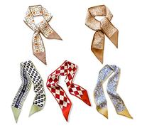 LumiSyne 5pcs Foulard En Soie Femme Filles Écharpe Maigre Imprimé Fleur Motif à Carreaux Géométrique Style Frais Et Sucré Foulard En Satin Étroit Longue Fichu Accessoires Pour Cheveux Poignée Ruban