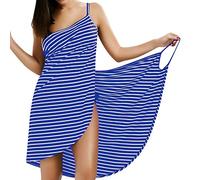 LumiSyne Cache-Maillots Bikini Femme Maillots De Bain Sarongs Robe De Caraco à Rayures De Mode Col en v Sexy Robe De Plage Jupes Wrap De Plage,Franges Étroites Bleu,L