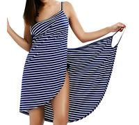 LumiSyne Cache-Maillots Bikini Femme Robe De Caraco à Rayures De Mode Maillots De Bain Sarongs Dos Nu Robe De Plage Col en v Sexy Robe d'Été Jupes Wrap De Plage,Franges Étroites Bleu Foncé,M