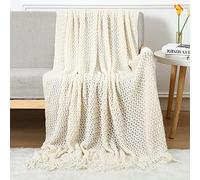 LumiSyne Couverture Tricotée Cellulaire avec Franges Couleur Unie Motif De Tissage Creux Délicat Doux Respirante Jeté De Canapé Couvre-Lit Plaid Décoratif pour Canapé Sofa Fauteuil Voiture Voyage