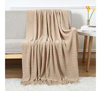 LumiSyne Couverture Tricotée Cellulaire avec Franges Couleur Unie Motif De Tissage Creux Délicat Doux Respirante Jeté De Canapé Couvre-Lit Plaid Décoratif pour Canapé Sofa Fauteuil Voiture Voyage
