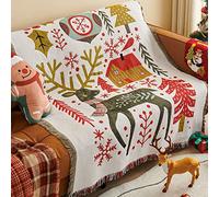 LumiSyne Couvertures De Noël Coton Tissé Jetés De Lit avec Gland Jacquard à Thème De Noël Tapisserie Chaud Jeté Décorative Jeté De Canapé Couvre-Lit Couverture De Camping Nappes Tapis 180x130cm