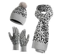 LumiSyne Hiver 3 En 1 Packs Bonnet Tricoté Écharpe Et Gants Femme Écharpe Longue Gants d'Écran Tactile Chapeau Beanie Tricot Léopard Avec Pompon Douce Chaude Doublure Polaire
