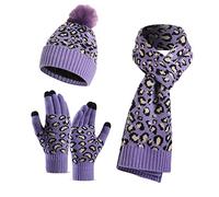 LumiSyne Hiver 3 En 1 Packs Bonnet Tricoté Écharpe Et Gants Femme Écharpe Longue Gants d'Écran Tactile Chapeau Beanie Tricot Léopard Avec Pompon Douce Chaude Doublure Polaire