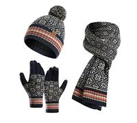 LumiSyne Hiver 3 En 1 Packs Bonnet Tricoté Écharpe Et Gants Femme Écharpe Longue Gants d'Écran Tactile Chapeau Beanie Jacquard Tricoté Motif Flocon De Neige Douce Chaude Doublure Polaire