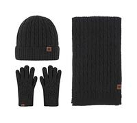 LumiSyne Hiver 3 En 1 Packs Bonnet Tricoté Écharpe Et Gants Homme Femme Couleur Unie Câble Tricot Chapeau Beanie Écharpe Longue Gants d'Écran Tactile Épaissie Douce Chaude Doublure Polaire