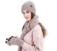 LumiSyne Hiver 3 En 1 Packs Bonnet Tricoté Écharpe Et Gants Homme Femme Jacquard Exquis Foulard De Couleur Unie Gants d'Écran Tactile Chapeau Beanie Tissu Chenille Souple Avancé (Rose)