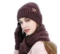LumiSyne Hiver 3 En 1 Packs Bonnet Tricoté Écharpe Et Gants Homme Femme Jacquard Exquis Foulard De Couleur Unie Gants d'Écran Tactile Chapeau Beanie Tissu Chenille Souple Avancé (Rouge)