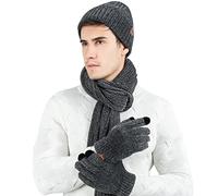 LumiSyne Hiver 3 En 1 Packs Bonnet Tricoté Écharpe Et Gants Homme Femme Jacquard Exquis Foulard De Couleur Unie Gants d'Écran Tactile Chapeau Beanie Tissu Chenille Souple Avancé
