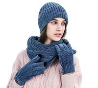 LumiSyne Hiver 3 En 1 Packs Bonnet Tricoté Écharpe Et Gants Homme Femme Jacquard Exquis Foulard De Couleur Unie Gants d'Écran Tactile Chapeau Beanie Tissu Chenille Souple Avancé