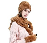 LumiSyne Hiver 3 En 1 Packs Bonnet Tricoté Écharpe Et Gants Homme Femme Jacquard Exquis Foulard De Couleur Unie Gants d'Écran Tactile Chapeau Beanie Tissu Chenille Souple Avancé