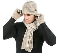 LumiSyne Hiver 3 En 1 Packs Bonnet Tricoté Écharpe Et Gants Homme Femme Jacquard Exquis Foulard De Couleur Unie Gants d'Écran Tactile Chapeau Beanie Tissu Chenille Souple Avancé