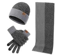 LumiSyne Hiver 3 En 1 Packs Bonnet Tricoté Écharpe Et Gants Homme Femme Mode Simple Jacquard Bicolore Foulard Longue Gants d'Écran Tactile Chapeau Beanie Laine Épaissie Douce, Gris Taille unique