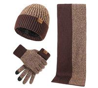 LumiSyne Hiver 3 En 1 Packs Bonnet Tricoté Écharpe Et Gants Homme Femme Mode Simple Jacquard Bicolore Foulard Longue Gants d'Écran Tactile Chapeau Beanie Laine Épaissie Douce, Marron Taille unique