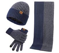 LumiSyne Hiver 3 En 1 Packs Bonnet Tricoté Écharpe Et Gants Homme Femme Mode Simple Jacquard Bicolore Foulard Longue Gants d'Écran Tactile Chapeau Beanie Laine Épaissie Douce, Bleu Taille unique