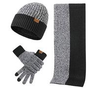 LumiSyne Hiver 3 En 1 Packs Bonnet Tricoté Écharpe Et Gants Homme Femme Mode Simple Jacquard Bicolore Foulard Longue Gants d'Écran Tactile Chapeau Beanie Laine Épaissie Douce, Noir Taille unique