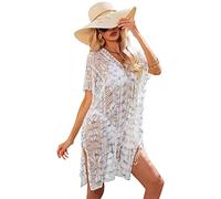 LumiSyne Robe De Plage Femme Cache-Maillot Crochet Maillot De Bain Bikini Cover Up Crochet Blouse avec Gland Dentelle Ajourée Col V Sexy Manches Courtes Été Tunique Robe De Plage Bohème Sarongs Paréo