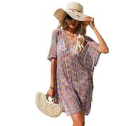 LumiSyne Robe De Plage Femme Cache-Maillot Crochet Maillot De Bain Bikini Cover Up Crochet Blouse avec Gland Dentelle Ajourée Col V Sexy Manches Courtes Été Tunique Robe De Plage Bohème Sarongs Paréo