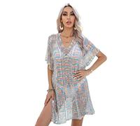 LumiSyne Robe De Plage Femme Cache-Maillot Crochet Maillot De Bain Bikini Cover Up Crochet Blouse avec Gland Dentelle Ajourée Col V Sexy Manches Courtes Été Tunique Robe De Plage Bohème Sarongs Paréo