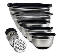 LUMITERRA Lot de 5 Cul de Poule Inox avec Couvercle, 1L, 1.5L, 2L, 3L, 4.5L, Bowl de Mélange avec 3 Râpes, Saladier Empilables, AntidéRapant, Résistant, Lavable au Lave Vaisselle, pour Cuisine