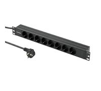 Lumonic Bâti de Prises 19 | PDU 8X | sans Interrupteur | 1U, Alliage d'aluminium, Noir | 2m de câble de raccordement 3G1,5 | 45° Prise de Courant avec Contact de Terre | brièvement Max. 3680W | Rack,