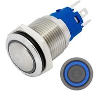 Lumonic bouton poussoir en acier inox bombé 16mm diamètre I Avec une LED annulaire en bleu Dimensions: 2,8x0,5mm Pin s 250V 3A I Résistant au vandalisme norme IP65